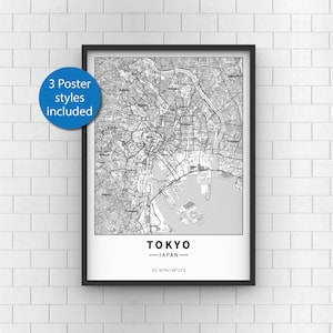 Wydruk mapy Tokio - 3 style w zestawie - Tokyo Carte, plakat z mapą Tokio, wydruk mapy miasta - drukowana sztuka ścienna **Natychmiastowe pobranie**