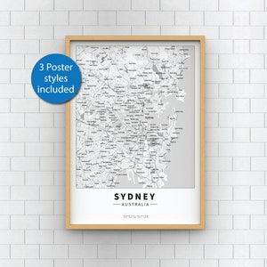 Wydruk mapy Sydney – 3 style w zestawie – Sydney Carte, plakat z mapą Sydney, wydruk mapy miasta – sztuka ścienna do wydrukowania **Natychmiastowe pobranie**