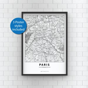 Paris Map Print - 3 Styles Included - Paris Carte, Paris Map Poster, City Map Print - Printable Wall Art **Instant Download**
