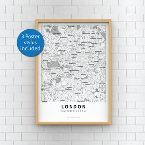 Wydruk mapy Londynu - 3 style w zestawie - Karta Londynu, plakat z mapą Londynu, wydruk mapy miasta - wydrukowana sztuka ścienna **Natychmiastowe pobranie**