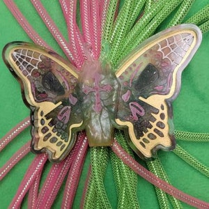 May include: A green and pink butterfly-shaped resin charm with a detailed design. The charm is surrounded by pink and green sparkly cords.