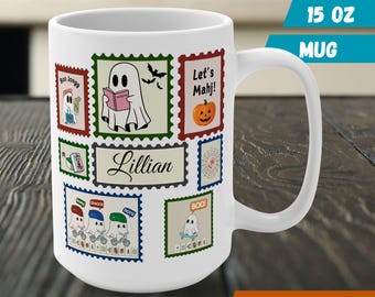 Halloween Mahjong Mug, Fall Mahjong Ghost Ceramic Mug, Mahjong Autumn Game Night Gift, Fall Season Mahjong Gift