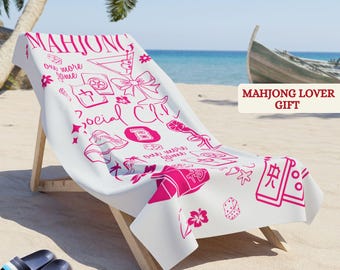 Mahjong Oversized Beach Towel Blanket, Custom Heavyweight Mahjong Plush Pool Deck Towel, Mahj Soft Cotton-Blend Sunbathing Mat