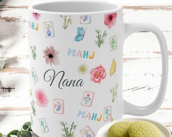 Custom Mahjong Mug, 15oz Ceramic Delicate Design, Personalized Hostess Gift, Mahj Squad Coffee Cup