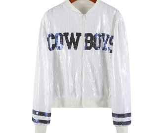 Cowboys|Jacket| Blue and White Bomber|Women Sequin Jacket| Bomber Women’s Sequin Jacket| Sports Jacket| Sequin| Gameday|Football