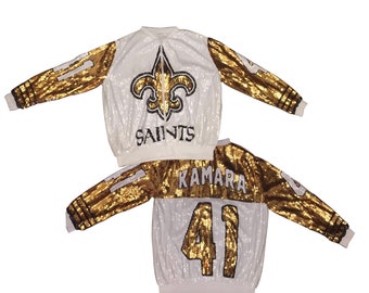 New Orleans Saints Jacket| White and Gold” Kamara” Women Sequin Jacket| Women’s Sequin Jacket| Sports Jacket