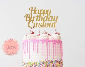 Custom Name Happy Birthday Cake Topper, Personalized Cake Topper, Gold Glitter Cake Topper, Custom Party Decoration, Any Name