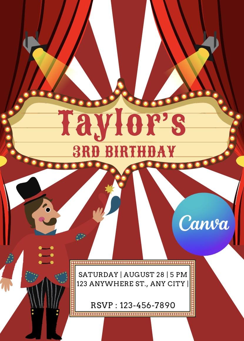 Circus Stage Performance Birthday Party Invitation Editable Digital ...
