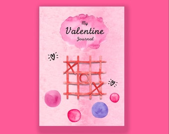 Puede incluir: Un diario rosa con el título "My Valentine Journal" y un diseño de acuarela de un tablero de tres en raya con corazones y círculos. El diario mide 15,24 cm por 22,86 cm y tiene 100 páginas.