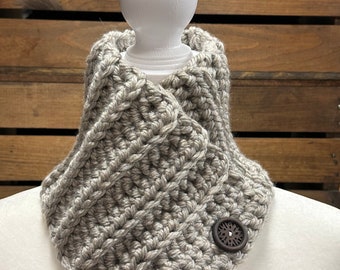 Button Neck Scarf, Crocheted Cowl, Warm and Cozy