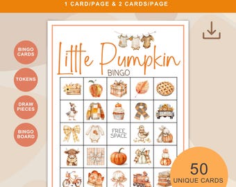 Fall Baby Shower Bingo, Printable Baby Shower Games, Little Pumpkin Bingo Cards for Gender Neutral Autumn Celebrations, BC