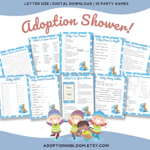 Adoption Shower Party Games for the Adoptive Parent | Celebrating the Arrival of an Adopted Baby or Toddler | Cute Blue Bear Party Games PDF