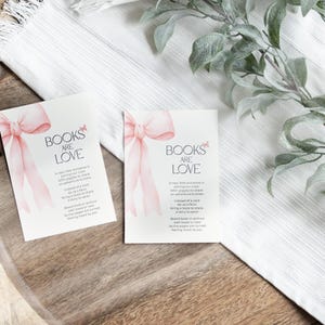 Rosa Schleife Coquette Buch Anfrage Karte, Baby oder Kleinkind Dusche Einladung Insert, neue Eltern, personalisierte Digital Canva Vorlage AB01