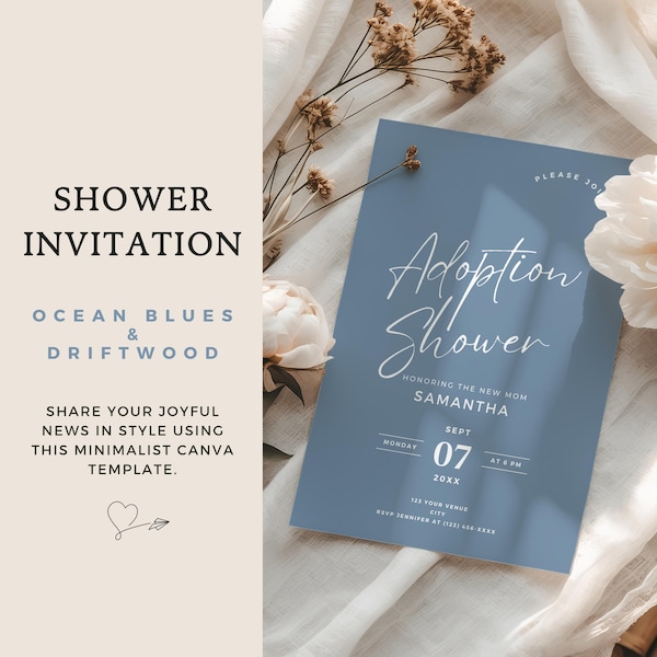 Adoption Shower Invitation Printable and Editable Canva Template, Adoptive Family News, Adopted Baby Reveal, Blue Minimalist Design AB02