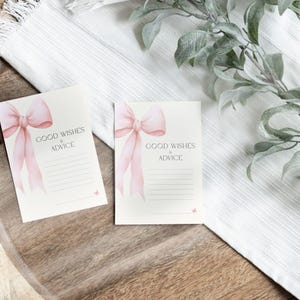 Tarjeta de buenos deseos y consejos con lazo rosa, para baby shower, mesa para nuevos padres, plantilla digital personalizada de Canva AB01