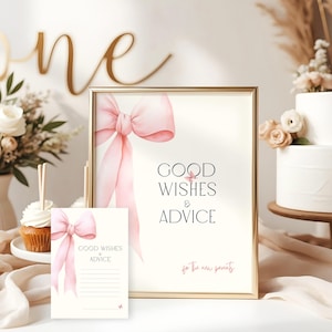 Pink Bow Bundle - Cartello da tavolo e biglietto "Buoni auguri e consigli", stampabile, modello Canva modificabile, decorazione per baby shower, AB01