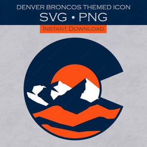 May include: A Denver Broncos themed icon in a circular design. The image features a navy blue 'C' shape with an orange sun setting behind white mountain peaks. Text at the top reads 'DENVER BRONCOS THEMED ICON SVG • PNG'.