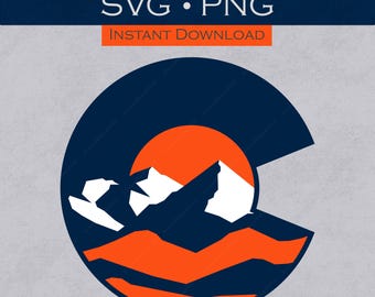 May include: A Denver Broncos themed icon in a circular design. The image features a navy blue 'C' shape with an orange sun setting behind white mountain peaks. Text at the top reads 'DENVER BRONCOS THEMED ICON SVG • PNG'.