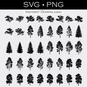 May include: Black and white illustrations of various tree silhouettes. The image includes different types of trees, such as pine and deciduous trees. Text at the top reads "SVG • PNG" and "INSTANT DOWNLOAD".