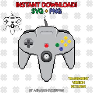 Retro N64 Controller SVG PNG | Pixel Game Controller Digital Download | Classic Gaming Clipart for Shirts, Stickers & Mugs