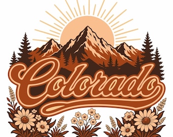 May include: A graphic illustration featuring the word Colorado in a brown cursive script. The design includes a sunburst behind brown mountain peaks, silhouetted pine trees, and clusters of light brown daisies and wheat stalks at the base.