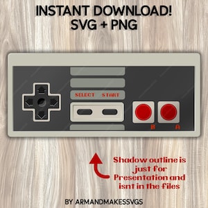 May include: A digital illustration of a classic video game controller. The controller features a directional pad, select and start buttons, two red action buttons labeled "B" and "A", and the text "INSTANT DOWNLOAD! SVG + PNG".