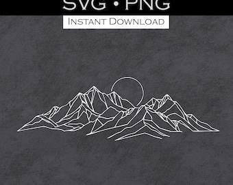 May include: White mountain line art graphic on a dark gray background. The design features a series of mountain peaks with a sun or moon shape behind them. Text at the top reads "MOUNTAIN LINE ART GRAPHIC" and "SVG • PNG". Below is "INSTANT DOWNLOAD".