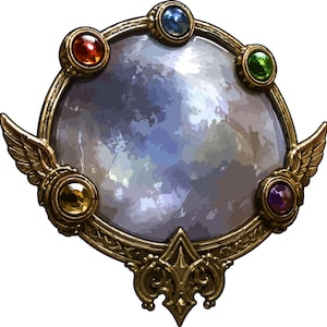 May include: A circular gold-toned metal frame featuring a central cloudy grey surface. The frame is adorned with six colourful inset gemstones in red, blue, green, purple, yellow, and orange, and includes decorative wing-like side accents.