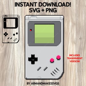 May include: A pixelated illustration of a classic handheld gaming device in gray, with a green screen and pink buttons. The image includes the text "INSTANT DOWNLOAD! SVG + PNG" and "INCLUDES TRANSPARENT VERSION!"