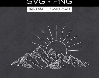 May include: A black and white mountain line art graphic with a rising sun. The design includes the text "MOUNTAIN LINE ART GRAPHIC SVG • PNG INSTANT DOWNLOAD". The image features a stylized mountain range and sunburst.