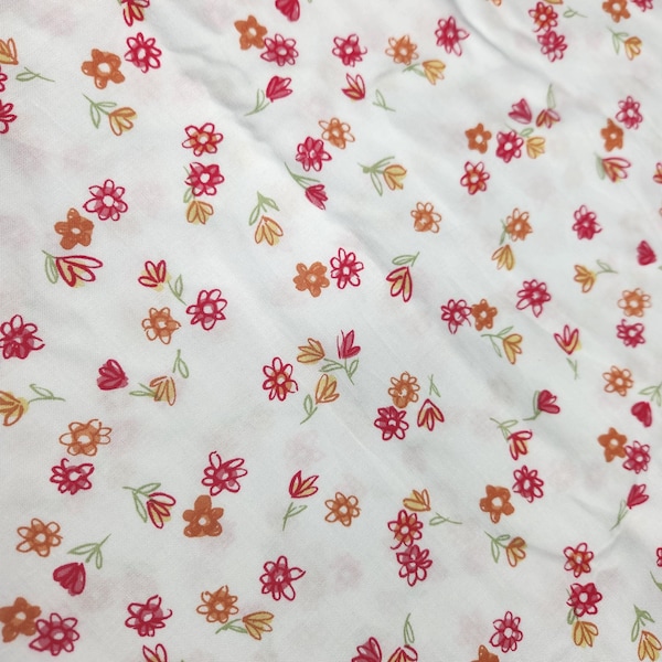 small floral fabric, vintage floral fabric, vintage calico fabric, small flower fabric, pink white floral fabric, orange and pink floral 011