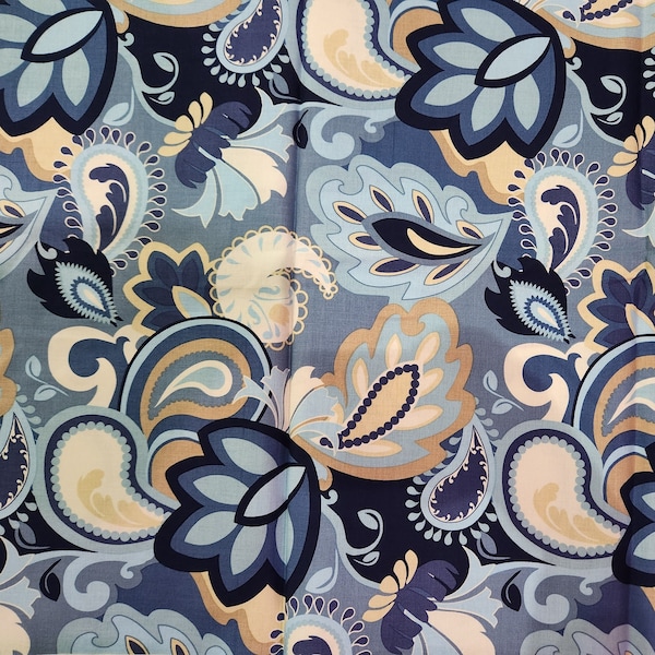 blue cotton floral fabric, blue floral fabric, blue and yellow floral fabric, yellow and blue flower fabric, cotton floral fabric, large 012
