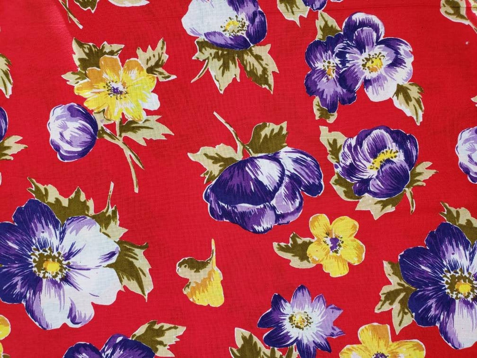 Vintage Floral Fabric Red Floral Fabric Purple Flowers Red Etsy