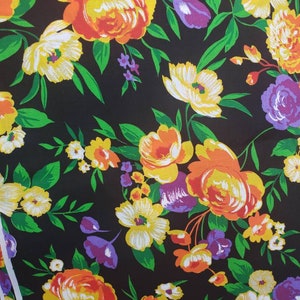 3y, bright floral on black fabric, yellow and orange floral on black fabric, large floral fabric, bright cotton floral fabric, cotton floral