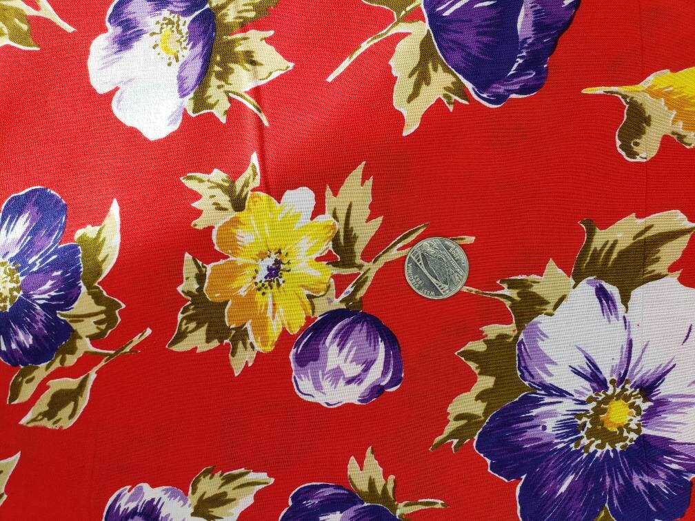 Vintage Floral Fabric Red Floral Fabric Purple Flowers Red Etsy