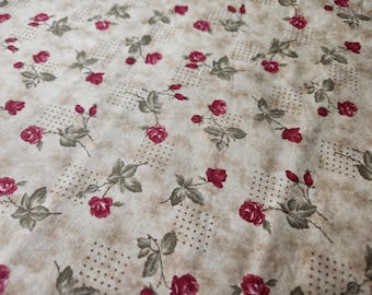 beige flora, red cotton floral fabric, floral quilting cotton, pink rose quilting cotton, pink rose fabric, cabbage rose fabric, fabric, 011