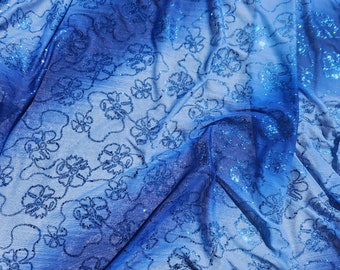sheer blue glitter fabric, blue floral glitter fabric, sheer glitter fabric, blue mesh fabric, mesh glitter fabric, floral print glitter