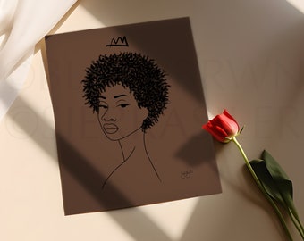 May include: A line drawing of a woman with short, curly hair. She is wearing a crown and has a neutral expression on her face. The drawing is on a brown background.