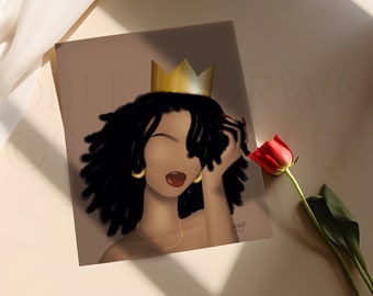 May include: Digital illustration of a Black woman with a crown on her head and long, dark hair. She is wearing gold earrings and a gold necklace. The background is a light brown color.
