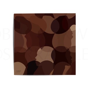 May include: Abstract art print featuring overlapping circles in shades of brown, beige, and dark red. The circles create a pattern of faces and silhouettes.