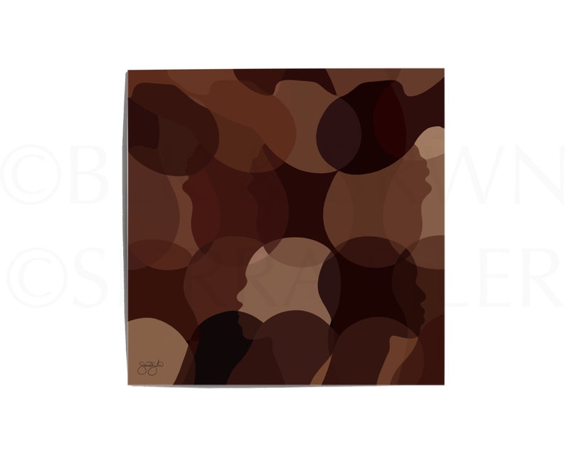 May include: Abstract art print featuring overlapping circles in shades of brown, beige, and dark red. The circles create a pattern of faces and silhouettes.