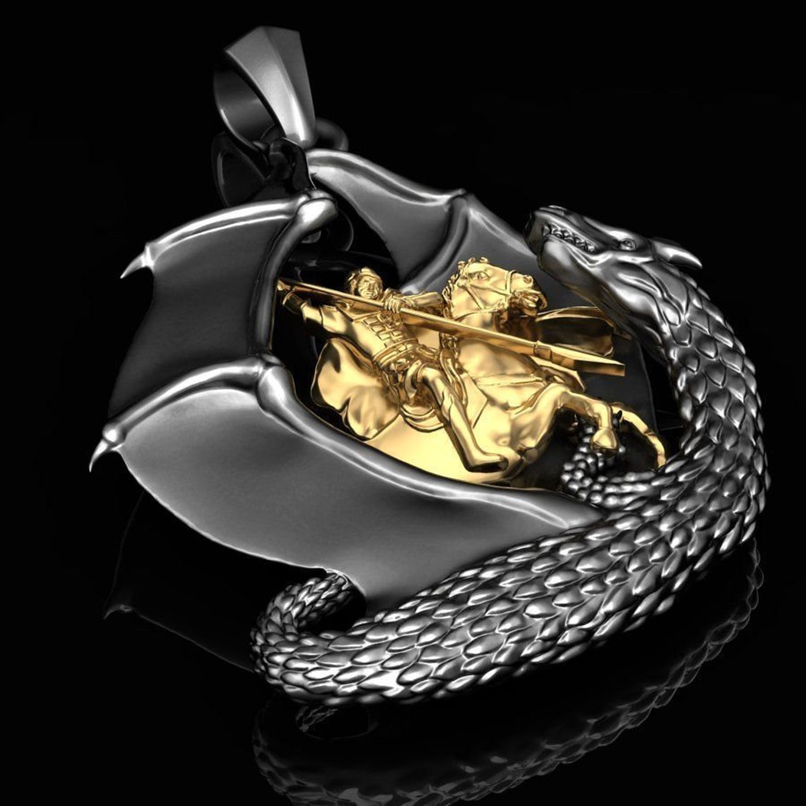 Dragon Necklace Silver Men Dragon Pendant Mythical Fantasy Etsy