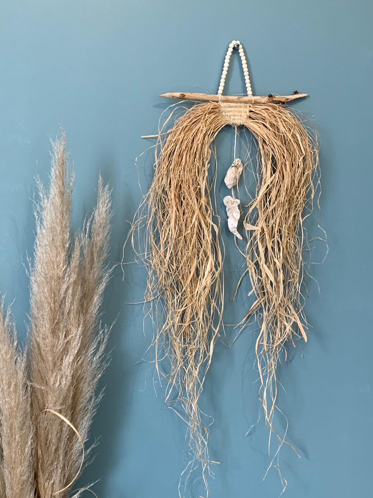 Décoration Murale en Raphia, Bois Flotté et Coquillage