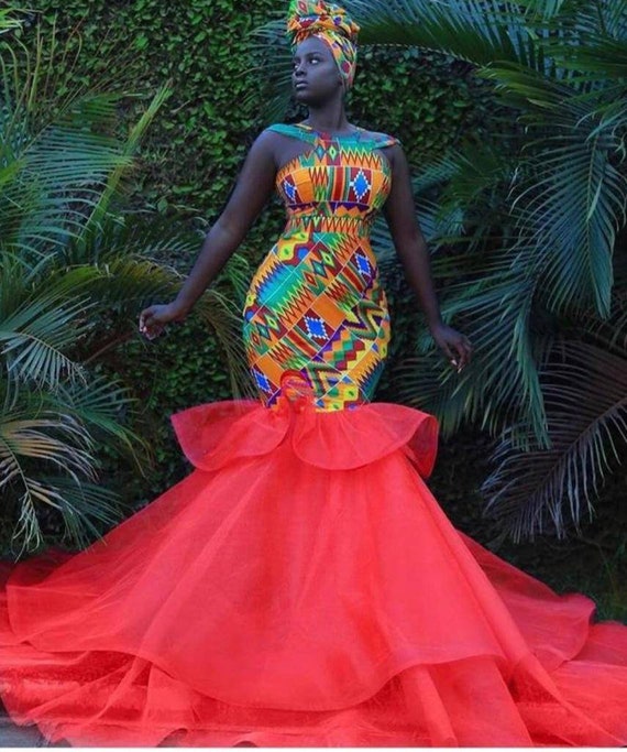 african print mermaid prom dress