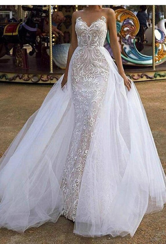 White elegant wedding dressfloor length wedding reception | Etsy