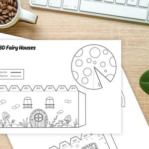 May include: Printable 3D fairy house craft template with cut and fold lines. The template includes a house with windows and a door, a mushroom roof, and a fence. The text "3D Fairy Houses" is at the top of the page.