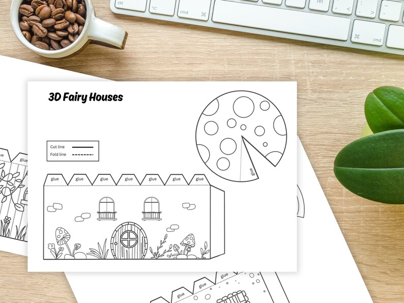 May include: Printable 3D fairy house craft template with cut and fold lines. The template includes a house with windows and a door, a mushroom roof, and a fence. The text "3D Fairy Houses" is at the top of the page.