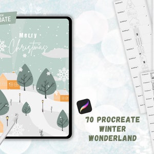 May include: A digital illustration of a winter wonderland scene with houses, trees, and snow. The text "Merry Christmas" is written in the sky. The image is on a tablet screen with a stylus next to it. The text "70 Procreate Winter Wonderland" is below the tablet.