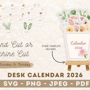 Watercolour Flower Calendar 2026, Calendar PNG Flowers, Desk Calendar DIY Easy Cut SVG 2026 Calendar Mini Flower Cricut printable calendar