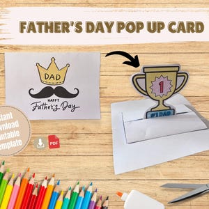Carte pop-up fête des pères à faire soi-même, cadeau imprimable instantané pour père, trophée n° 1 pour enfants, carte de voeux en papier, carte pop-up 3D facile à réaliser